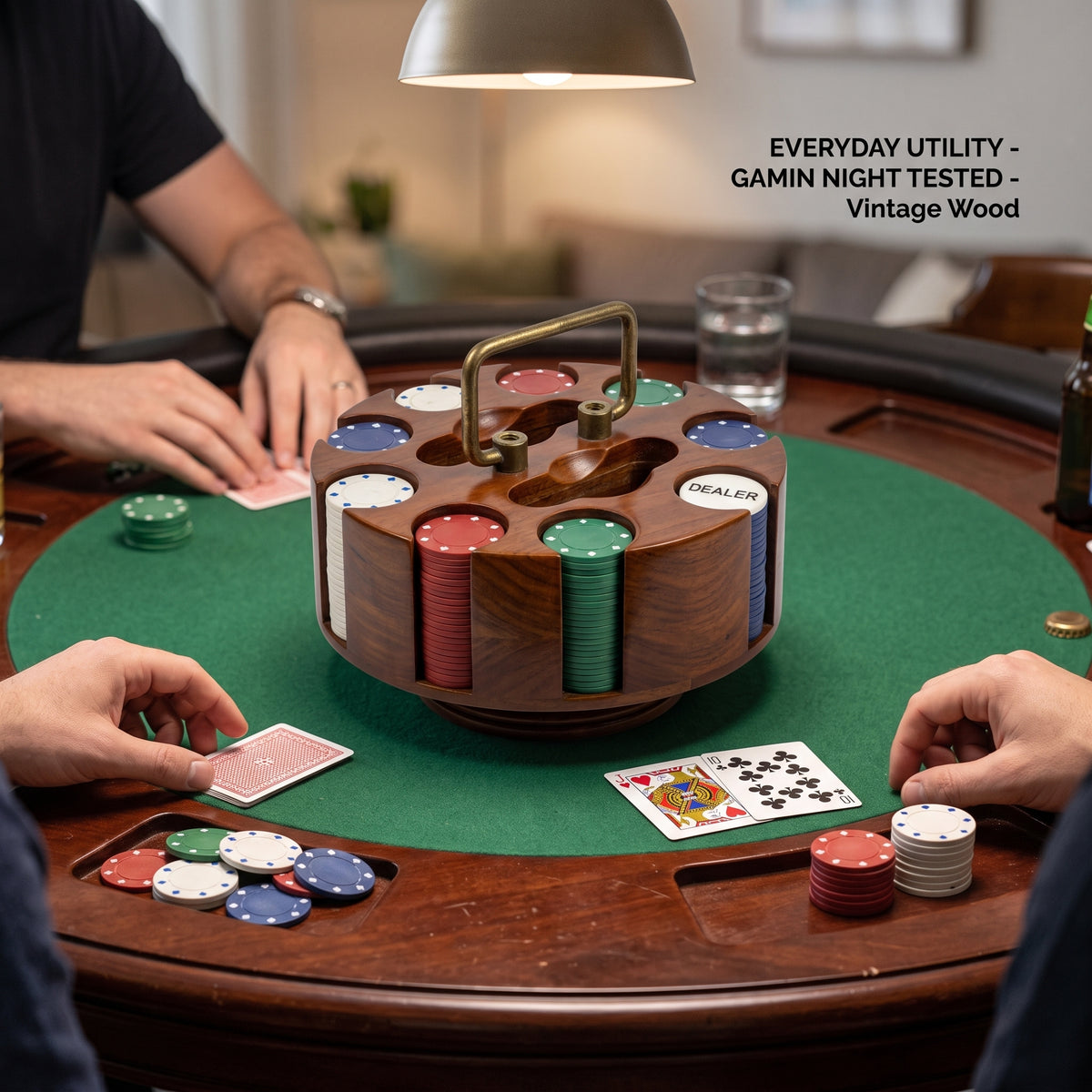 Vintage Solid Wood Revolving Carousel Poker Chip Set – Brass Handle & Loaded Chip Caddy