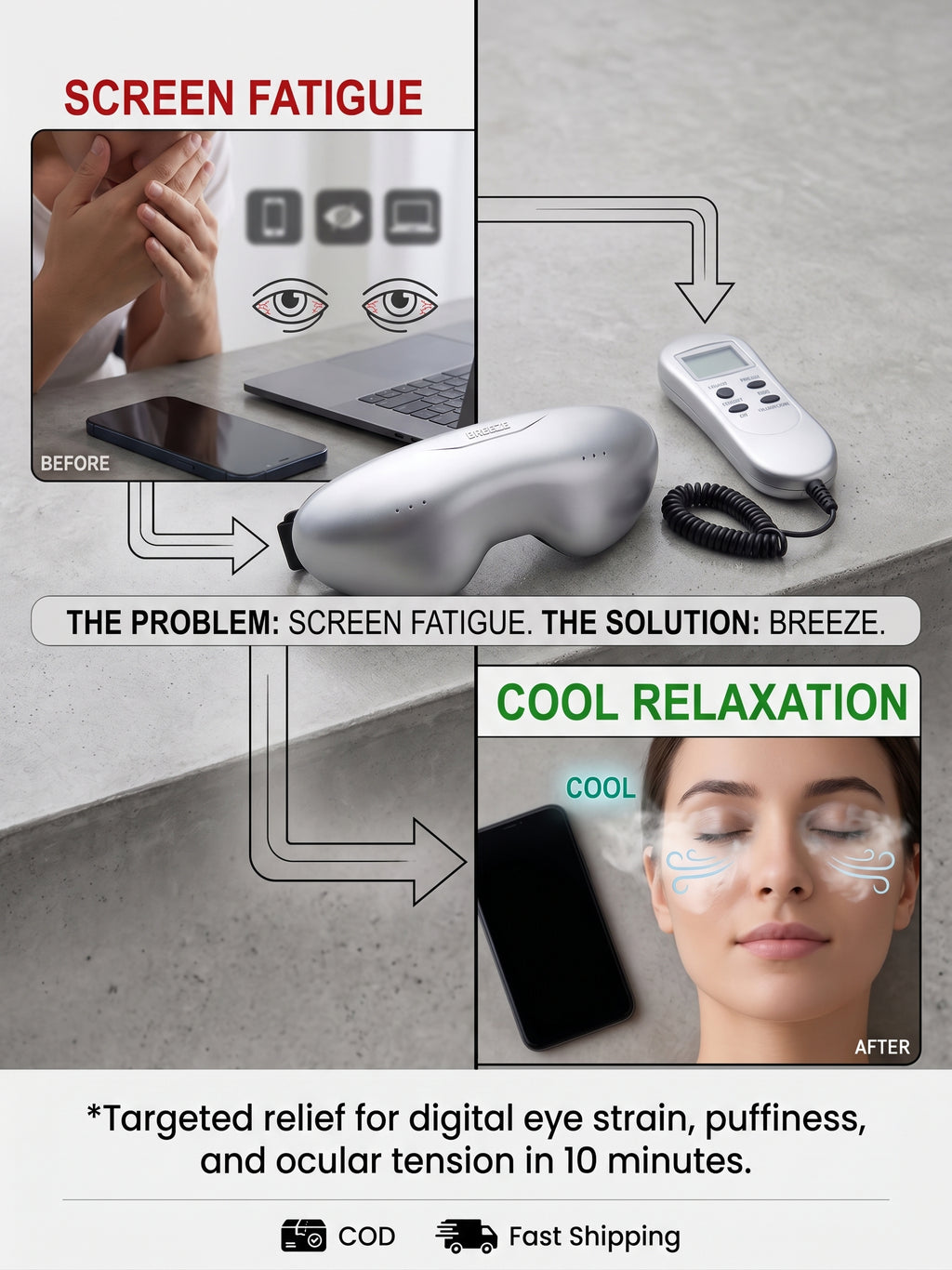 BREEZE® Electric Eye & Brain Relaxer – Multi-Frequency Acupressure Eye Massager with Vibration Therapy for Screen Fatigue, Headaches & Deep Sleep