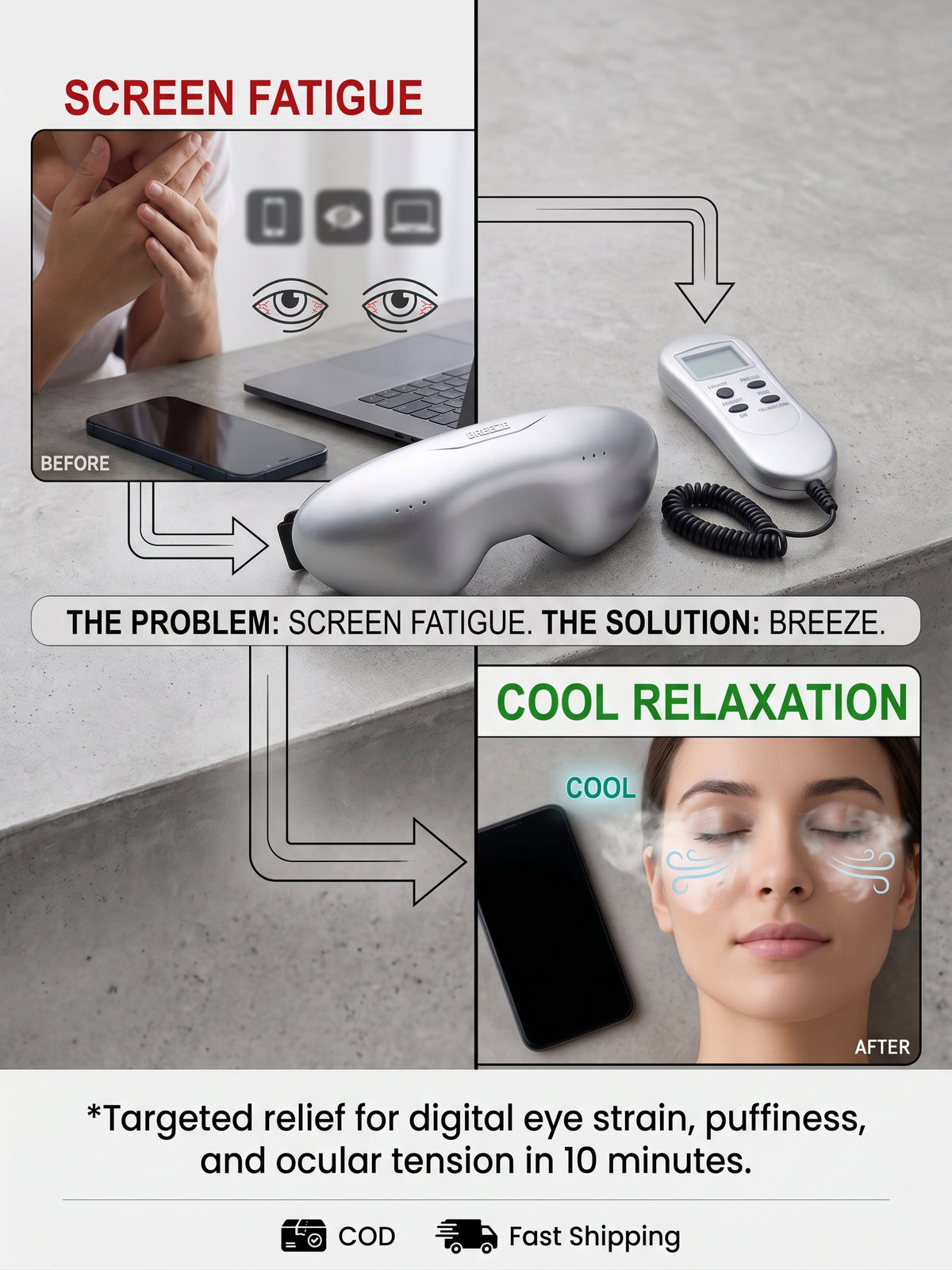 BREEZE® Electric Eye & Brain Relaxer – Multi-Frequency Acupressure Eye Massager with Vibration Therapy for Screen Fatigue, Headaches & Deep Sleep