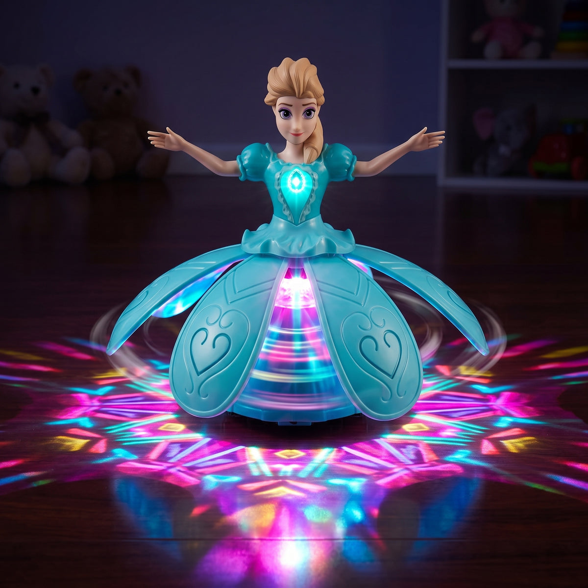 360° Rotating Musical Dancing Princess Doll – Petal Blossoming Skirt with 3D LED Projection Lights & Bump-and-Go Action (Ages 3+)