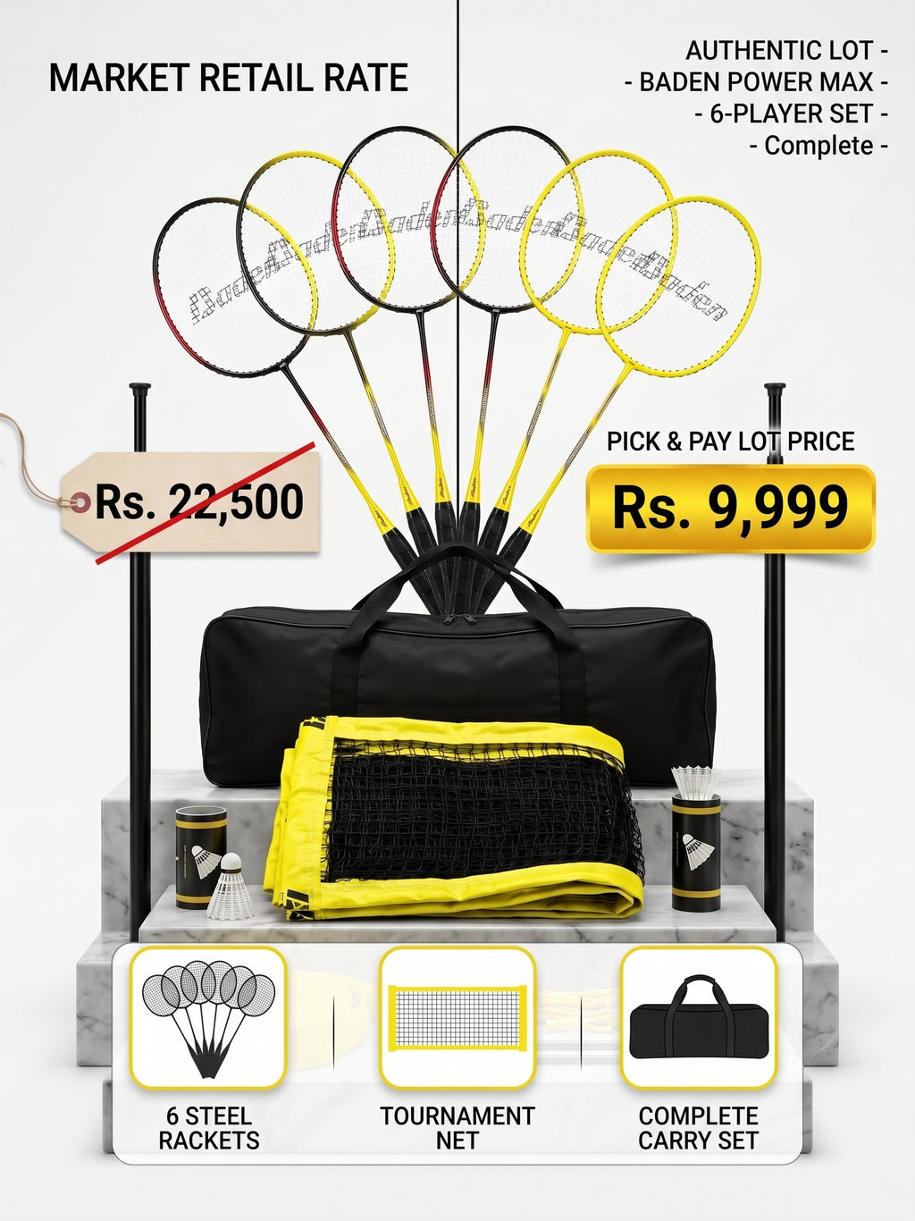 Baden Power Max 6-Player Portable Tournament Badminton Set – All-Weather Net, Poles, Boundary & Bag