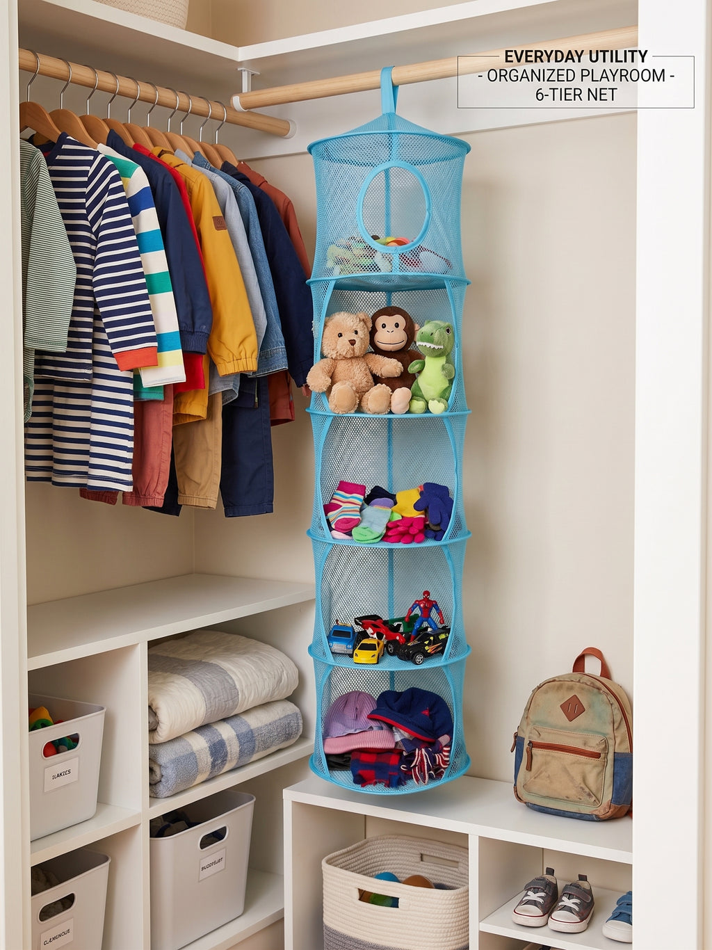 6-Tier Hanging Mesh Storage Organizer (Sky Blue) – Collapsible Wardrobe, Toy & Laundry Net