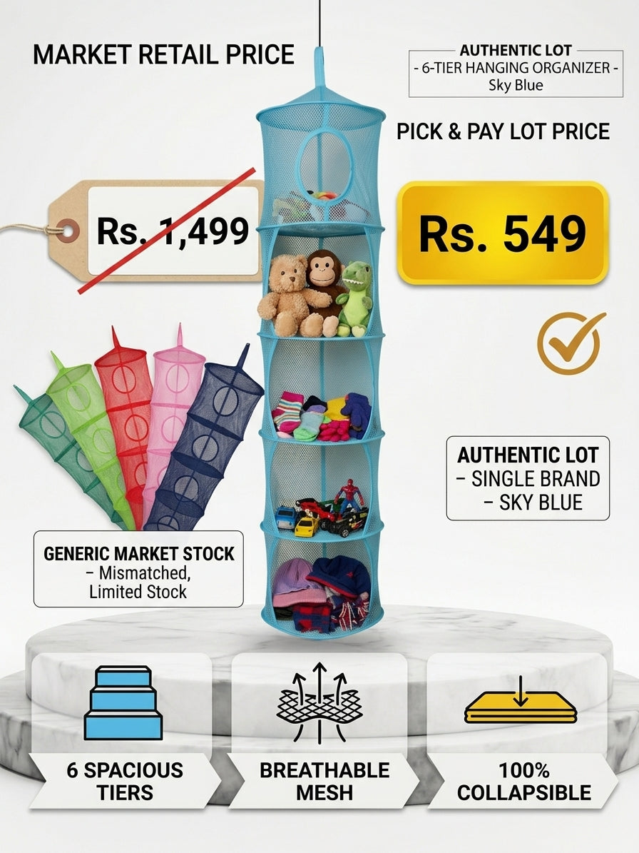 6-Tier Hanging Mesh Storage Organizer (Sky Blue) – Collapsible Wardrobe, Toy & Laundry Net