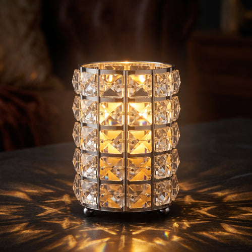 Handcrafted Silver Crystal Cylinder Table Lamp & Candle Lantern – Luxury Faceted Glass Home Decor