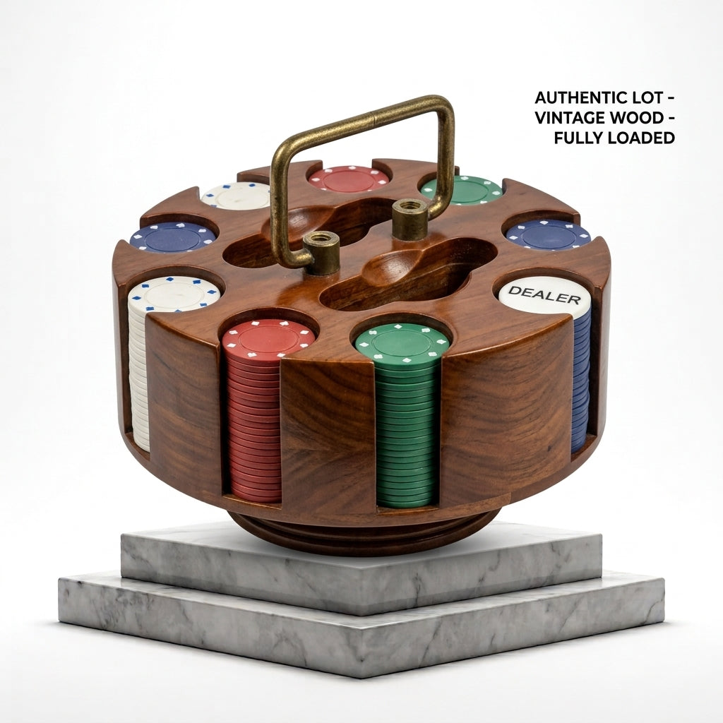 Vintage Solid Wood Revolving Carousel Poker Chip Set – Brass Handle & Loaded Chip Caddy