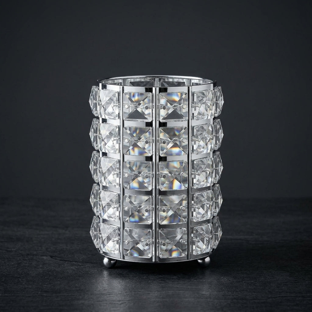 Handcrafted Silver Crystal Cylinder Table Lamp & Candle Lantern – Luxury Faceted Glass Home Decor