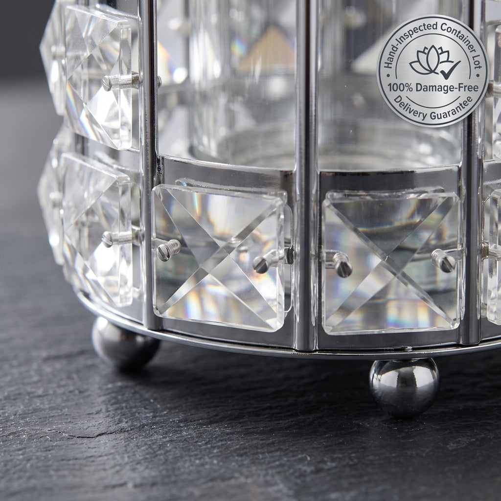 Handcrafted Silver Crystal Cylinder Table Lamp & Candle Lantern – Luxury Faceted Glass Home Decor