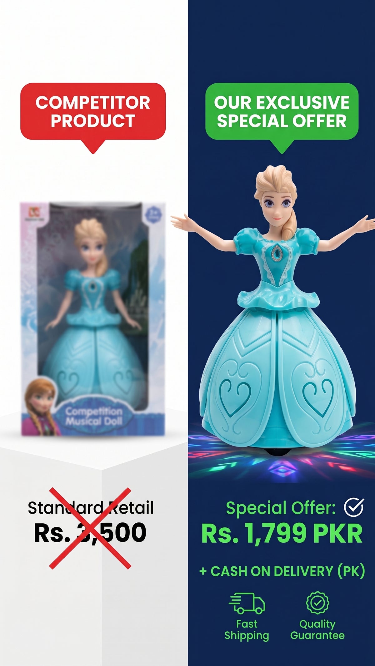 360° Rotating Musical Dancing Princess Doll – Petal Blossoming Skirt with 3D LED Projection Lights & Bump-and-Go Action (Ages 3+)
