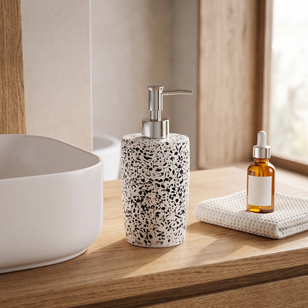 Handcrafted Terrazzo Stone Liquid Soap Dispenser with Rust-Proof Chrome Pump