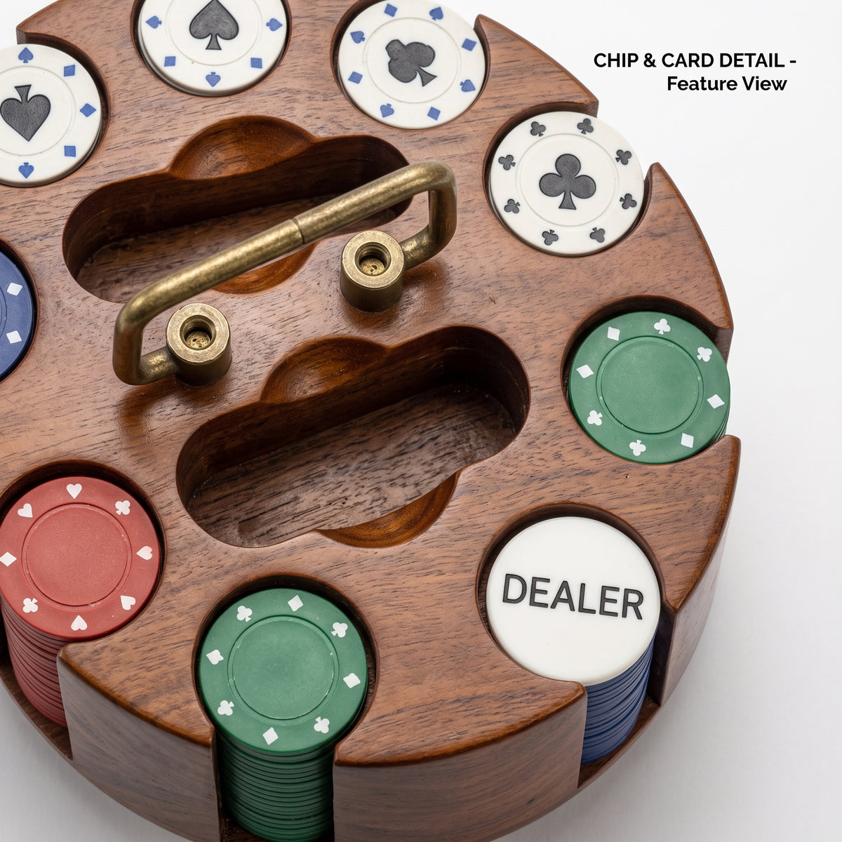 Vintage Solid Wood Revolving Carousel Poker Chip Set – Brass Handle & Loaded Chip Caddy