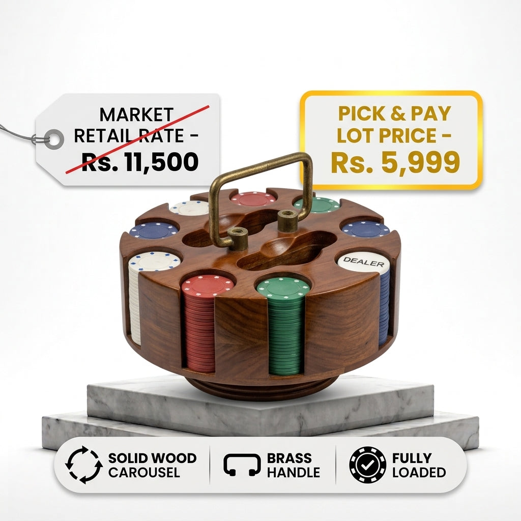 Vintage Solid Wood Revolving Carousel Poker Chip Set – Brass Handle & Loaded Chip Caddy