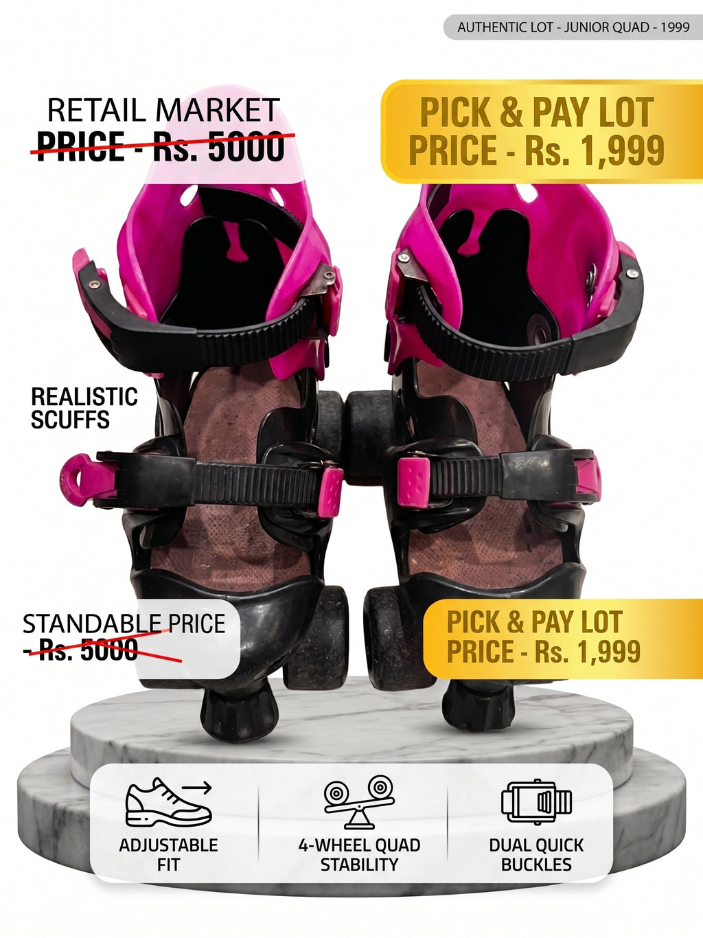 Kids Adjustable Quad Roller Skates (Neon Pink & Black) – Dual Buckle Outdoor Skating Shoes
