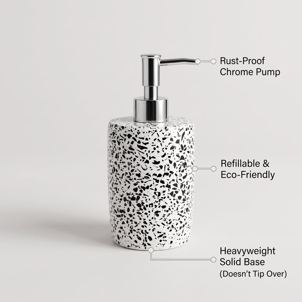 Handcrafted Terrazzo Stone Liquid Soap Dispenser with Rust-Proof Chrome Pump