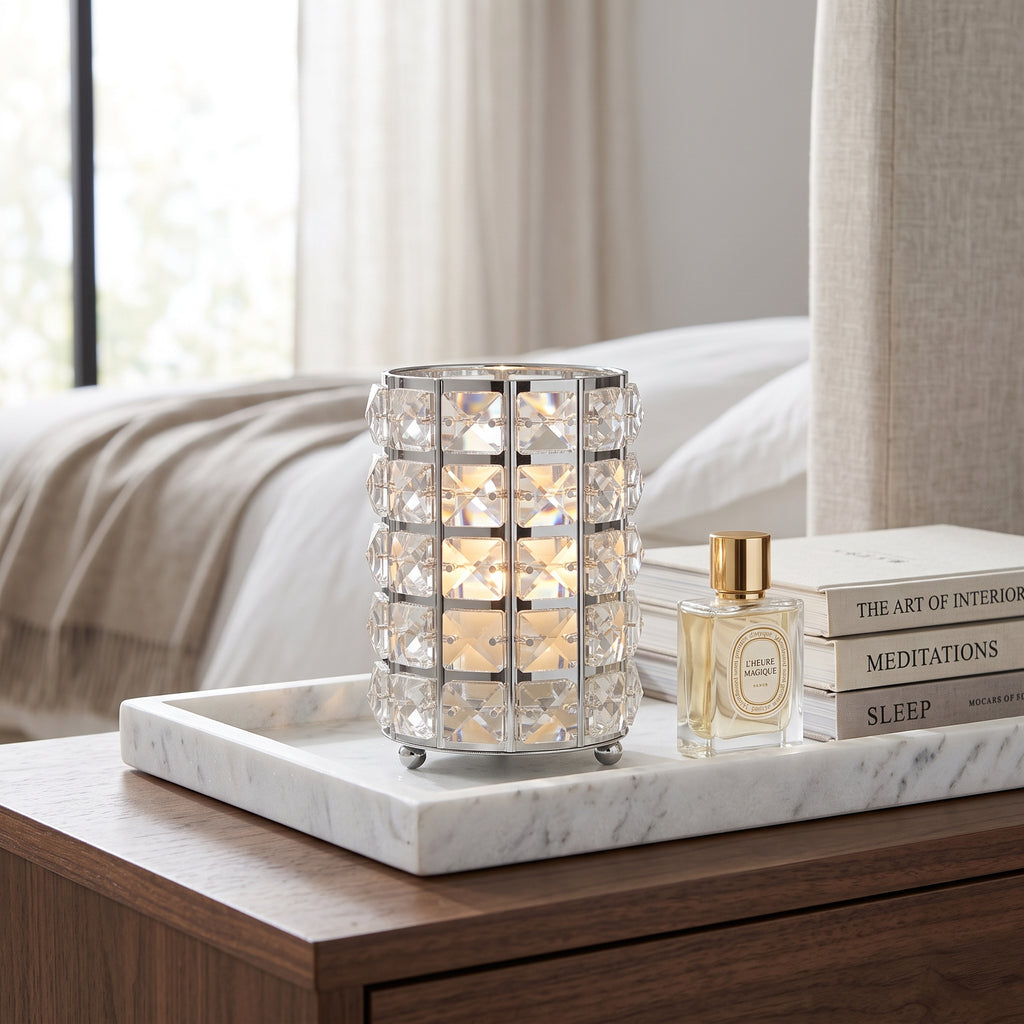 Handcrafted Silver Crystal Cylinder Table Lamp & Candle Lantern – Luxury Faceted Glass Home Decor