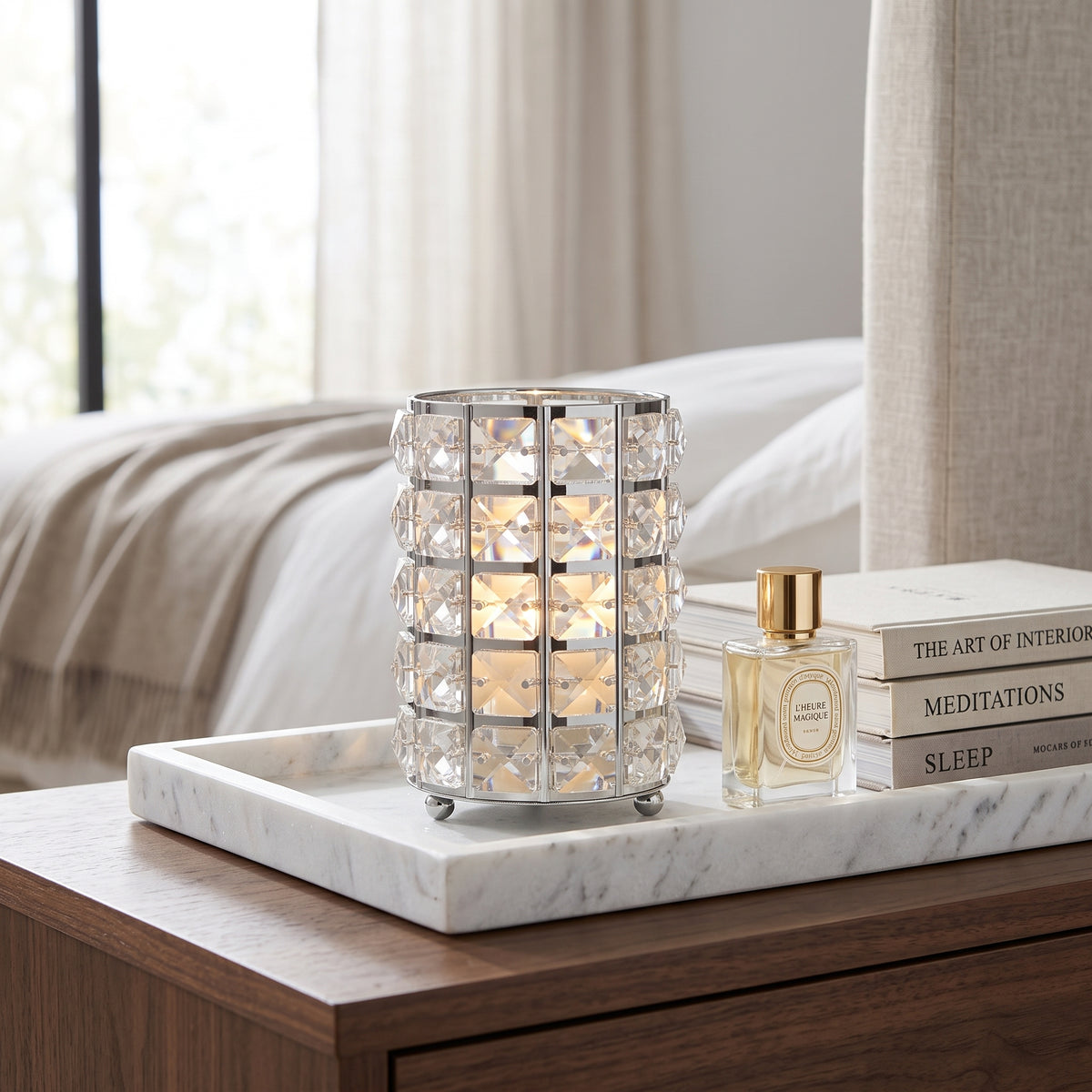 Handcrafted Silver Crystal Cylinder Table Lamp & Candle Lantern – Luxury Faceted Glass Home Decor